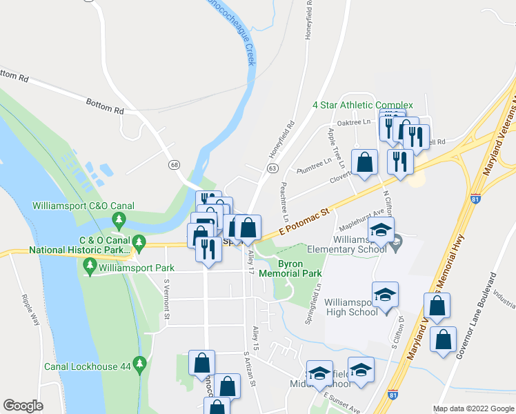 map of restaurants, bars, coffee shops, grocery stores, and more near 141 North Artizan Street in Williamsport