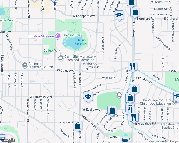 map of restaurants, bars, coffee shops, grocery stores, and more near 661 West Caley Avenue in Littleton