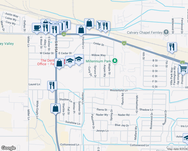 map of restaurants, bars, coffee shops, grocery stores, and more near 440 Sycamore Street in Fernley