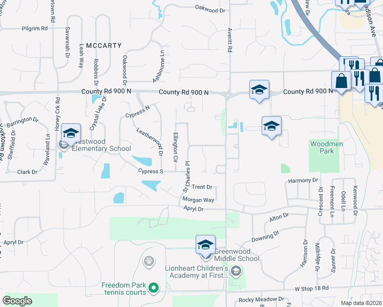 map of restaurants, bars, coffee shops, grocery stores, and more near 939 Saint Charles Place in Greenwood