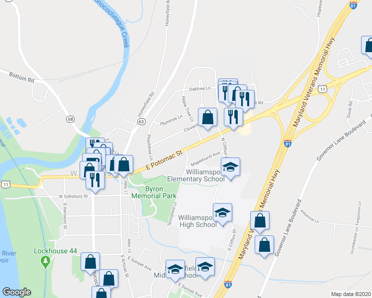 map of restaurants, bars, coffee shops, grocery stores, and more near 224 East Potomac Street in Williamsport