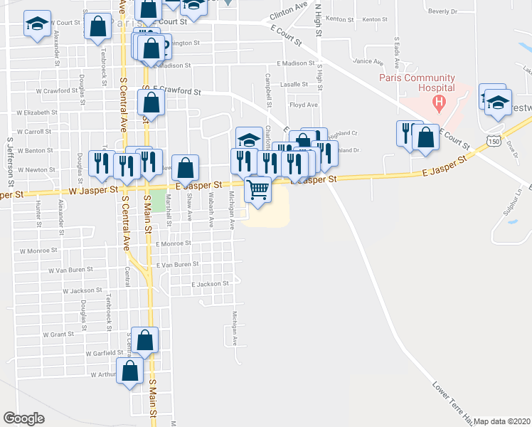 map of restaurants, bars, coffee shops, grocery stores, and more near 518 East Jasper Street in Paris