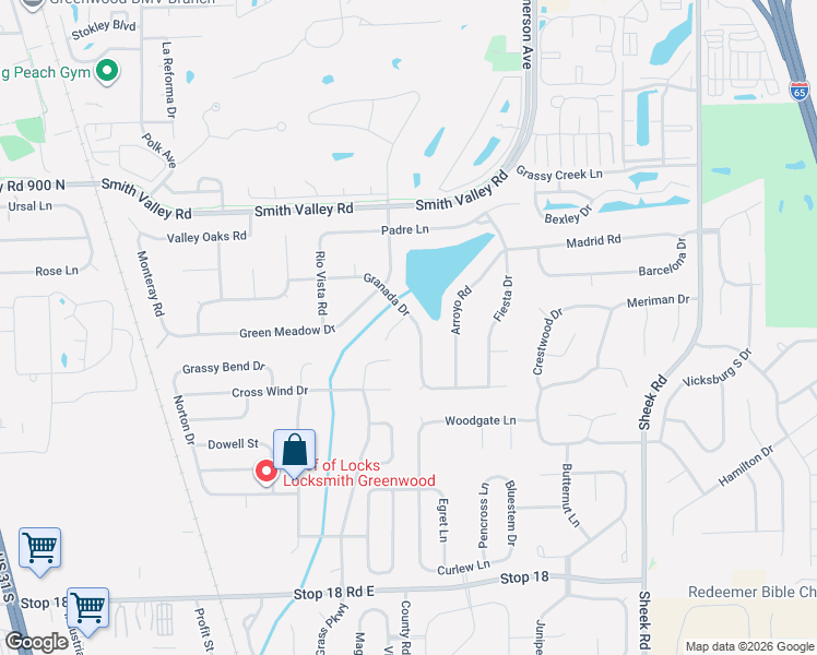 map of restaurants, bars, coffee shops, grocery stores, and more near 1050 Laguna Lane in Greenwood
