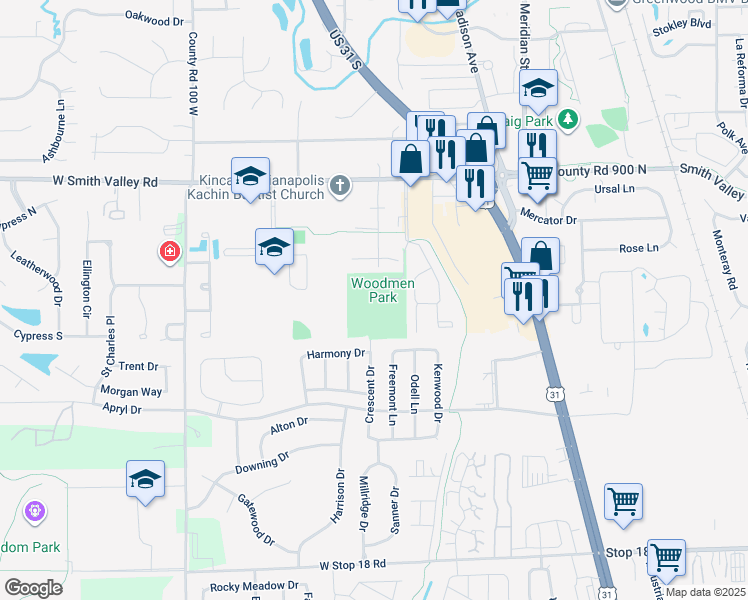 map of restaurants, bars, coffee shops, grocery stores, and more near 720 Ashmore Drive in Greenwood