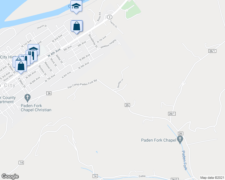 map of restaurants, bars, coffee shops, grocery stores, and more near Van Camp-Paden Fork Road in Paden City