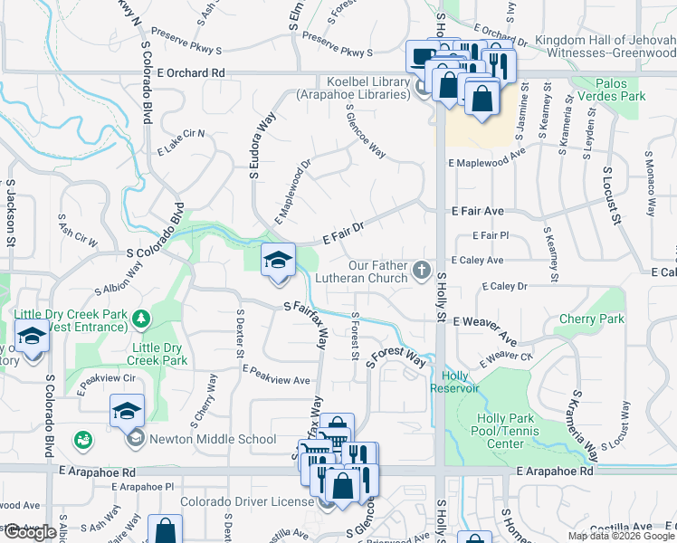 map of restaurants, bars, coffee shops, grocery stores, and more near in Centennial