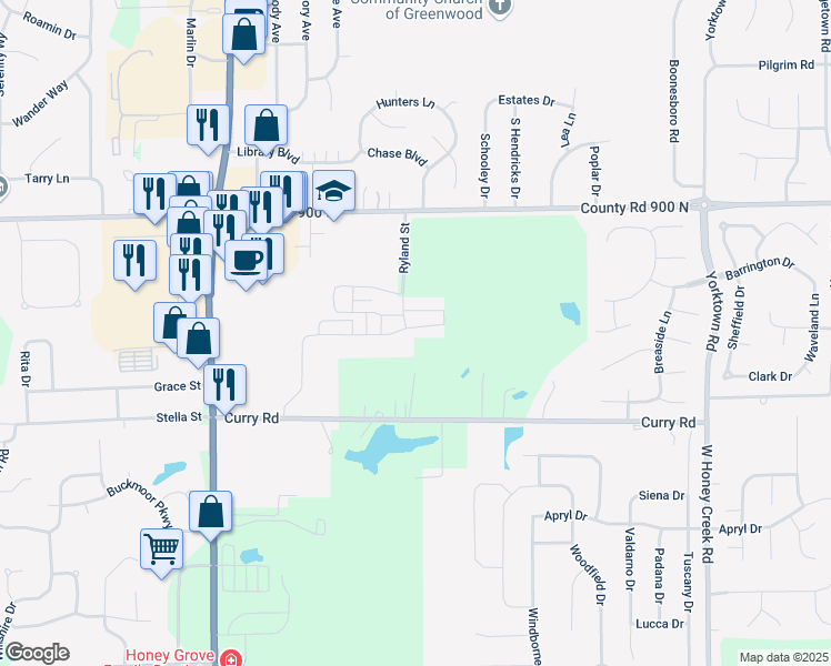 map of restaurants, bars, coffee shops, grocery stores, and more near 1501 Lacebark Drive in Greenwood