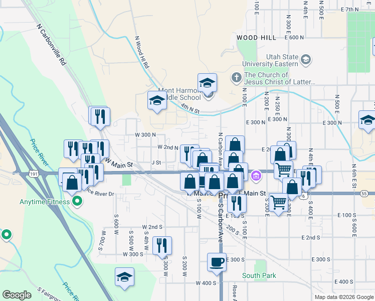 map of restaurants, bars, coffee shops, grocery stores, and more near 140 West 2nd North in Price
