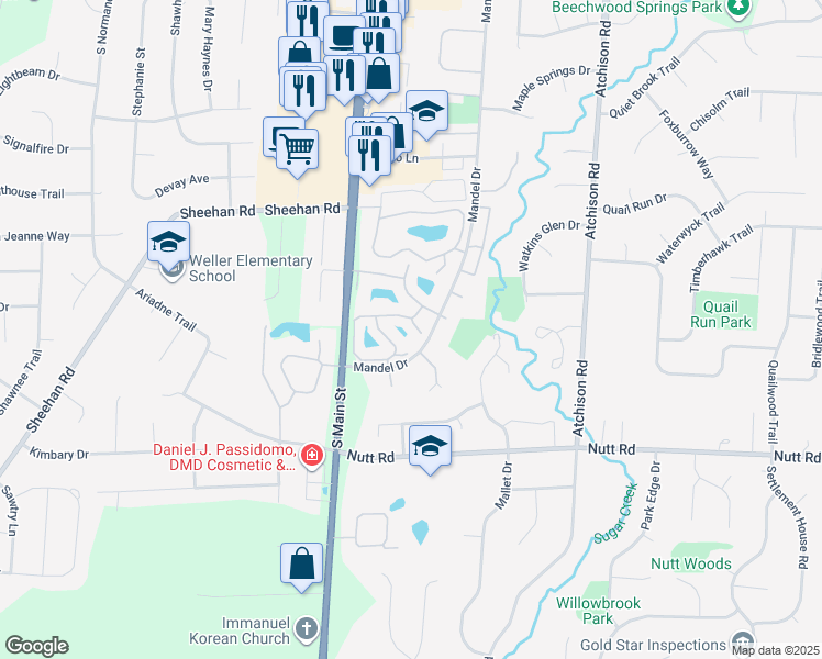 map of restaurants, bars, coffee shops, grocery stores, and more near 261 Queens Crossing in Dayton