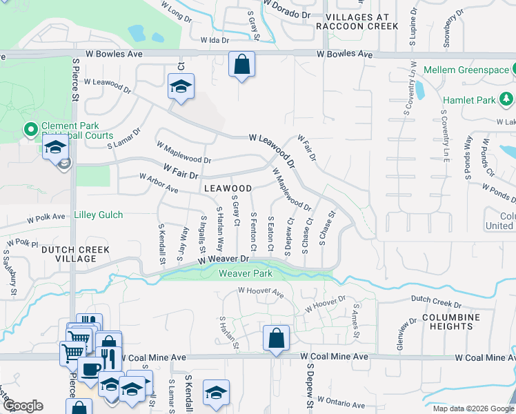 map of restaurants, bars, coffee shops, grocery stores, and more near 6230 South Fenton Court in Littleton