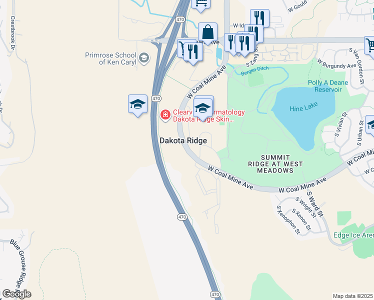 map of restaurants, bars, coffee shops, grocery stores, and more near in Dakota Ridge