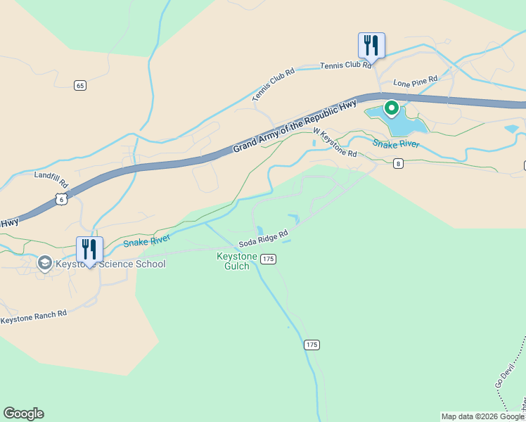 map of restaurants, bars, coffee shops, grocery stores, and more near 95 County Road 165 in Keystone