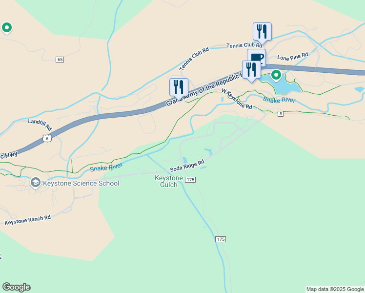 map of restaurants, bars, coffee shops, grocery stores, and more near 95 County Road 165 in Keystone