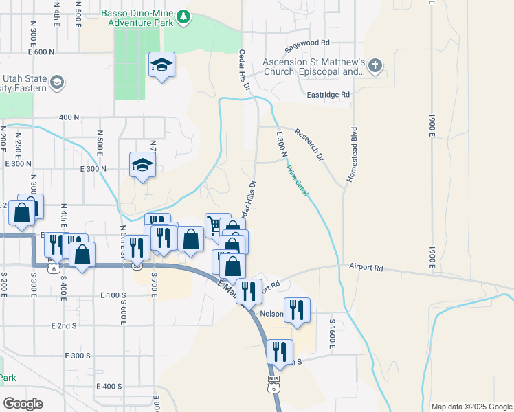 map of restaurants, bars, coffee shops, grocery stores, and more near 254 North Cedar Hills Drive in Price