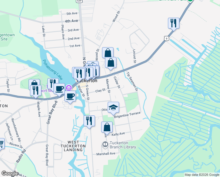 map of restaurants, bars, coffee shops, grocery stores, and more near 123 Marine Street in Tuckerton