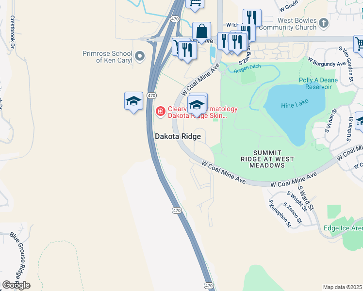 map of restaurants, bars, coffee shops, grocery stores, and more near in Dakota Ridge