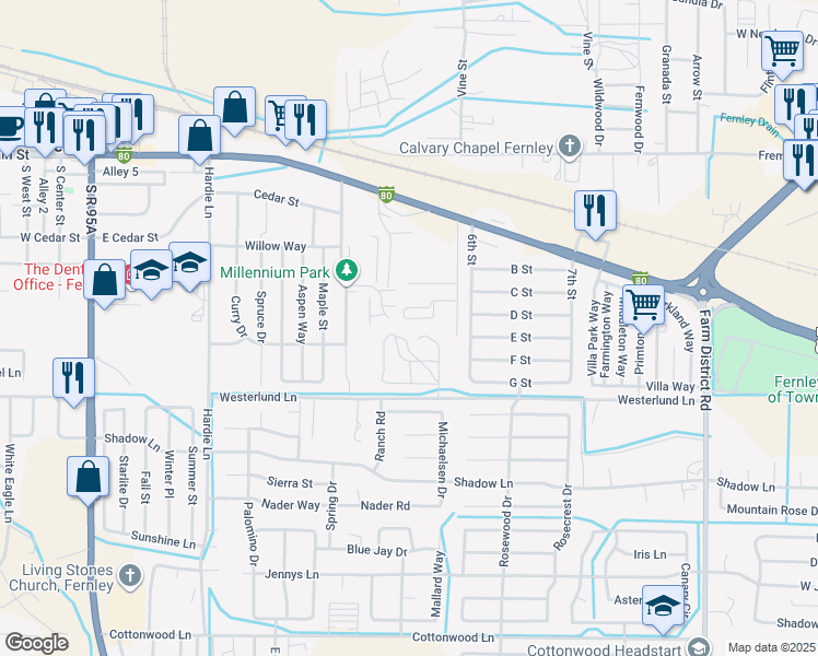 map of restaurants, bars, coffee shops, grocery stores, and more near 217 Lois Lane in Fernley