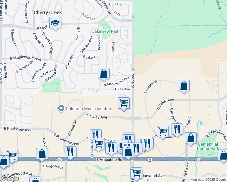 map of restaurants, bars, coffee shops, grocery stores, and more near 11862 East Fair Avenue in Greenwood Village
