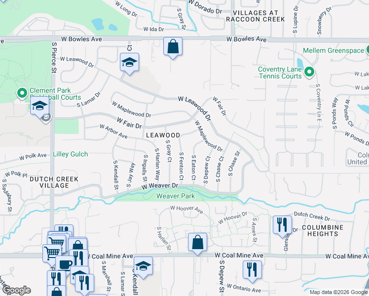 map of restaurants, bars, coffee shops, grocery stores, and more near 6230 South Fenton Court in Littleton