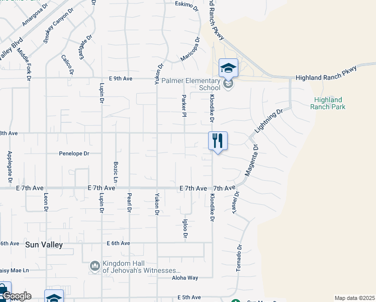 map of restaurants, bars, coffee shops, grocery stores, and more near 5776 Parker Place in Sun Valley