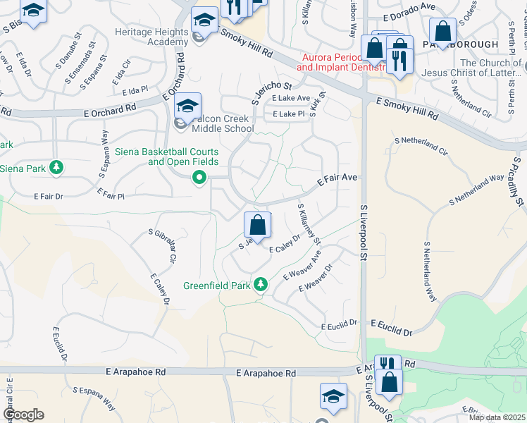 map of restaurants, bars, coffee shops, grocery stores, and more near 6221 South Jericho Way in Centennial