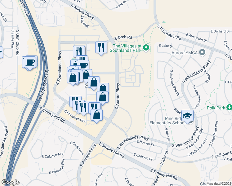 map of restaurants, bars, coffee shops, grocery stores, and more near South Aurora Parkway in Aurora