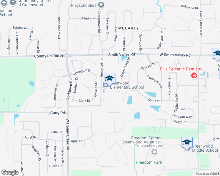 map of restaurants, bars, coffee shops, grocery stores, and more near 899 County Road 150 West in Greenwood