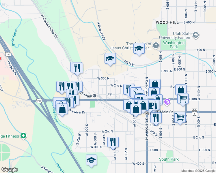 map of restaurants, bars, coffee shops, grocery stores, and more near 198 North 4th West in Price