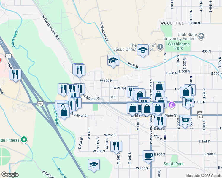 map of restaurants, bars, coffee shops, grocery stores, and more near 198 North 4th West in Price