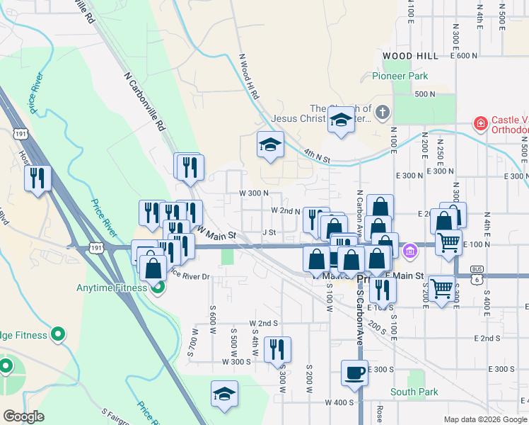 map of restaurants, bars, coffee shops, grocery stores, and more near 198 North 4th East in Price