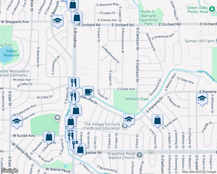 map of restaurants, bars, coffee shops, grocery stores, and more near 6241 South Logan Court in Centennial