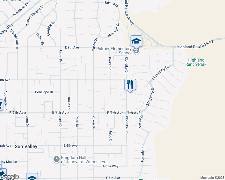map of restaurants, bars, coffee shops, grocery stores, and more near 5776 Parker Place in Sun Valley