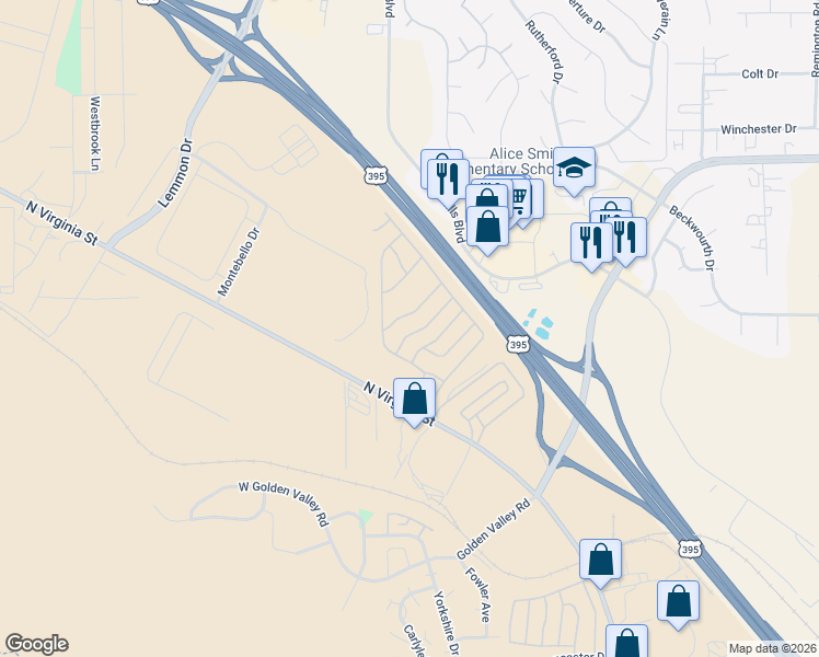 map of restaurants, bars, coffee shops, grocery stores, and more near 7900 North Virginia Street in Reno