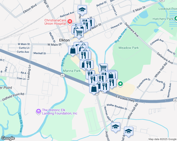 map of restaurants, bars, coffee shops, grocery stores, and more near 259 South Bridge Street in Elkton
