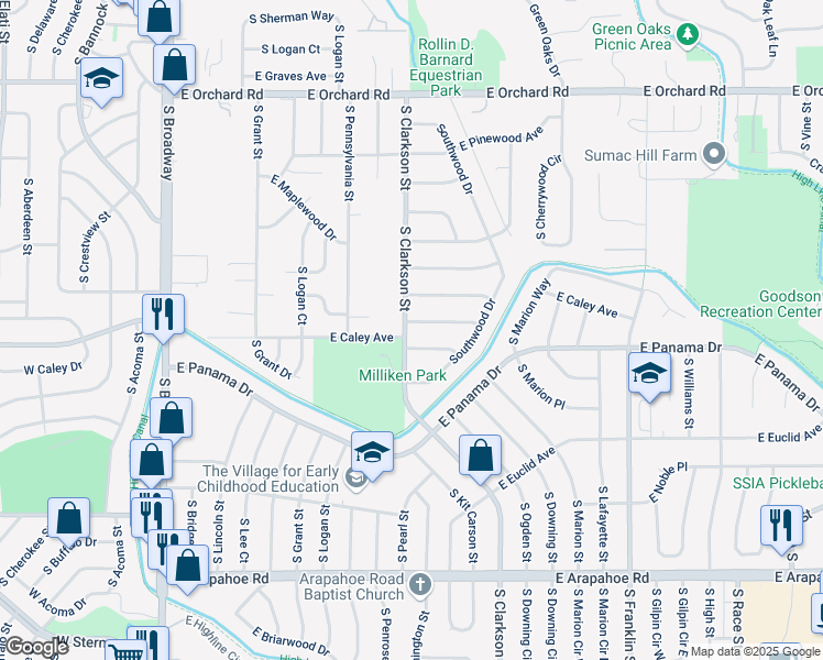 map of restaurants, bars, coffee shops, grocery stores, and more near 6375 South Clarkson Street in Centennial