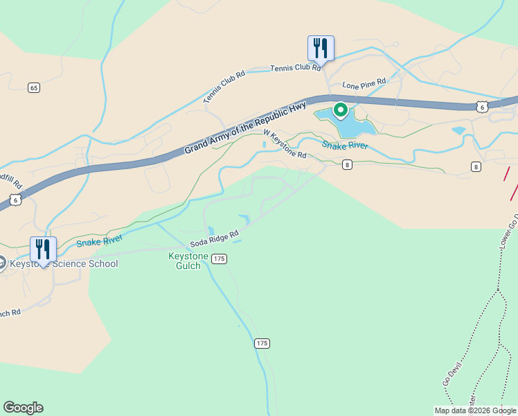 map of restaurants, bars, coffee shops, grocery stores, and more near 2017 Soda Ridge Road in Keystone