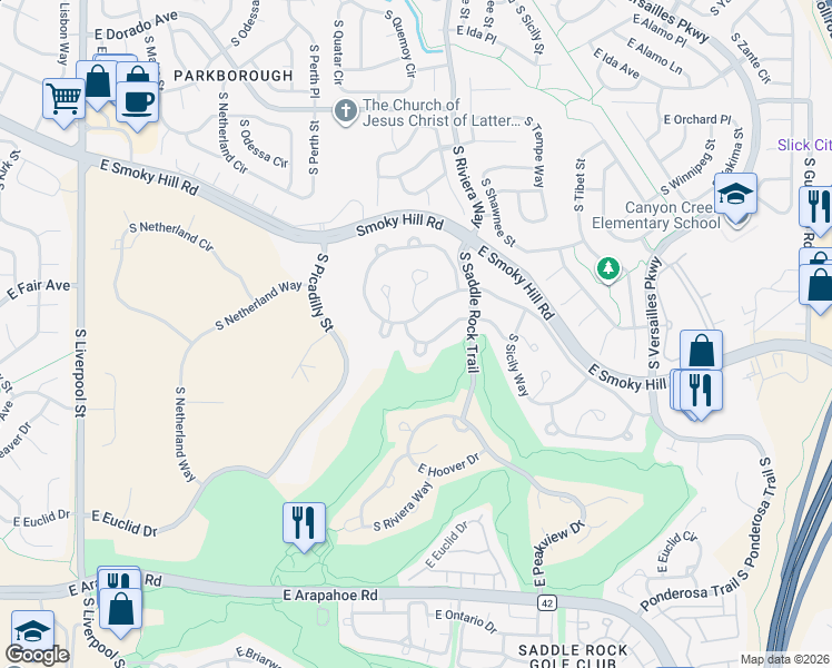 map of restaurants, bars, coffee shops, grocery stores, and more near 22028 East Ridge Trail Drive in Aurora