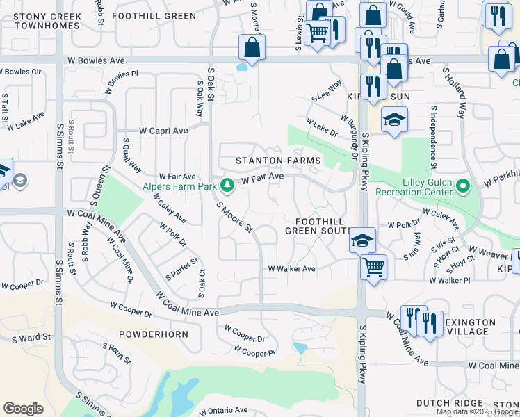 map of restaurants, bars, coffee shops, grocery stores, and more near 6276 South Miller Court in Littleton