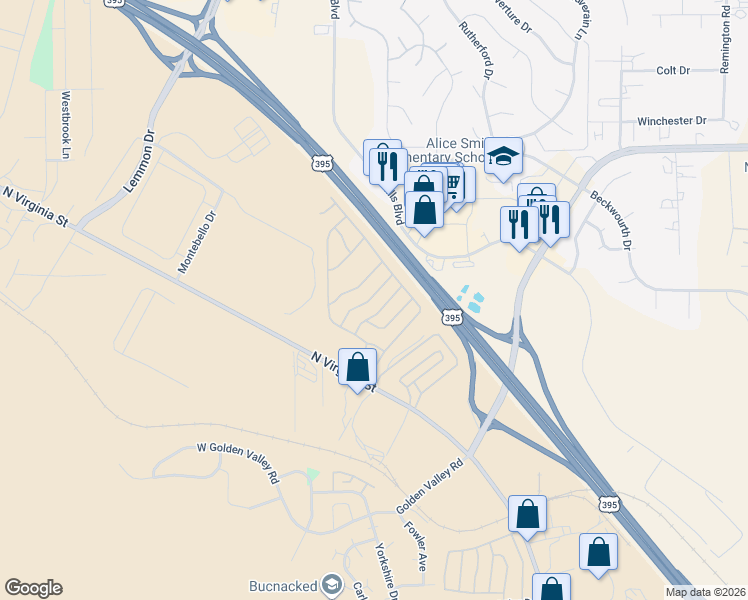 map of restaurants, bars, coffee shops, grocery stores, and more near 77-96 Jade Street in Reno