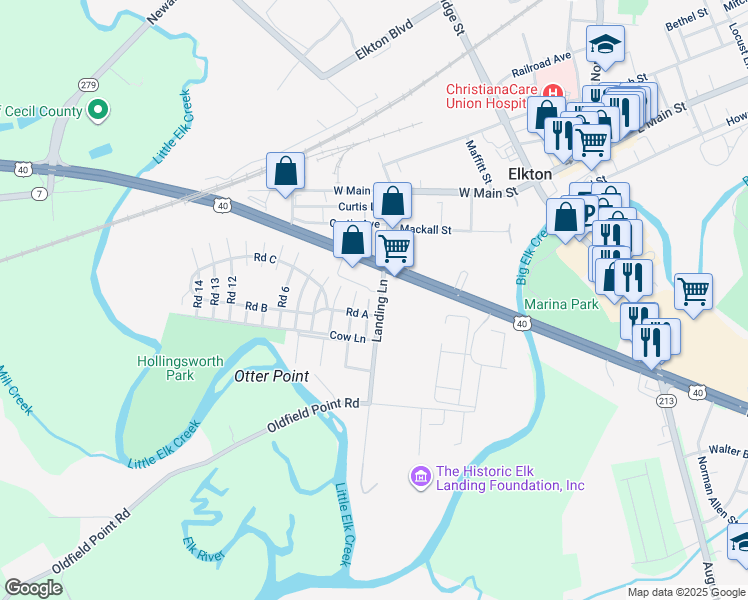 map of restaurants, bars, coffee shops, grocery stores, and more near 309 Landing Lane in Elkton