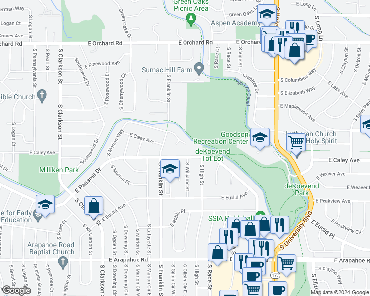 map of restaurants, bars, coffee shops, grocery stores, and more near 6172 South Marion Way in Centennial