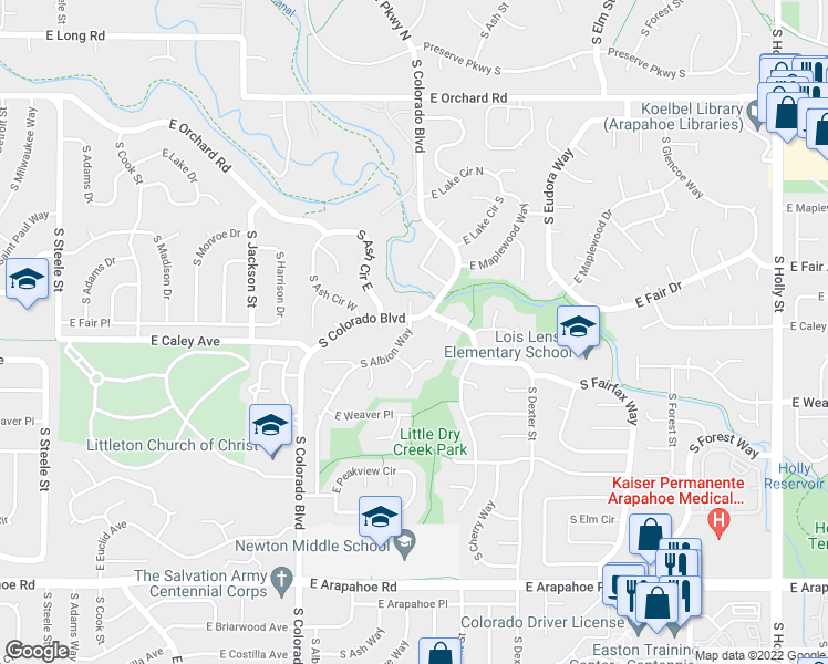 map of restaurants, bars, coffee shops, grocery stores, and more near 6246 South Albion Way in Centennial