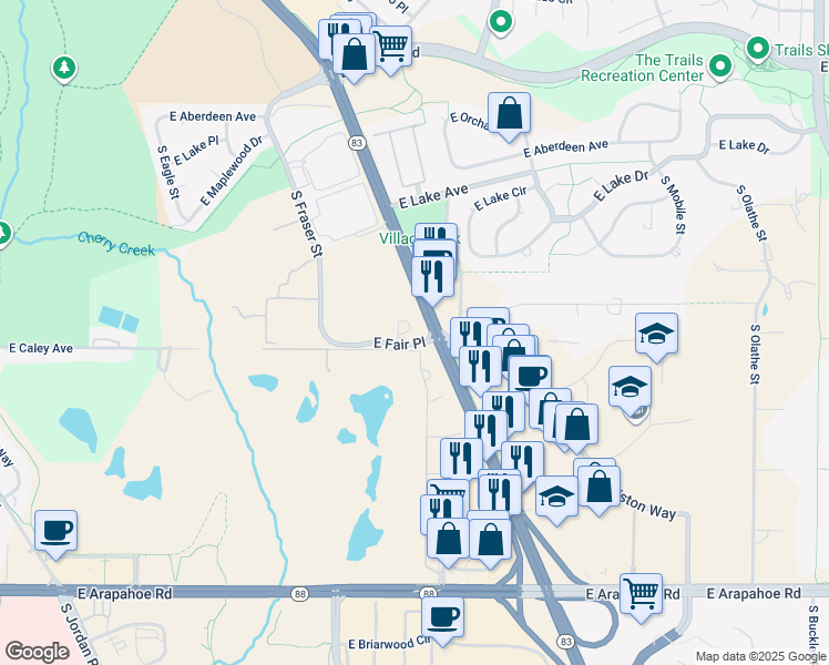 map of restaurants, bars, coffee shops, grocery stores, and more near 15475 East Fair Place in Centennial