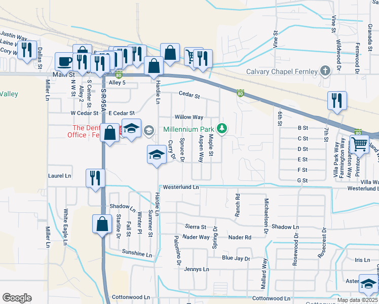 map of restaurants, bars, coffee shops, grocery stores, and more near 470 Sycamore Street in Fernley