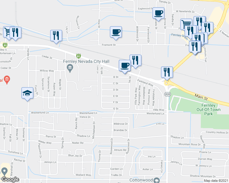 map of restaurants, bars, coffee shops, grocery stores, and more near 795 D Street in Fernley