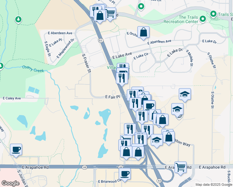 map of restaurants, bars, coffee shops, grocery stores, and more near 15475 East Fair Place in Centennial