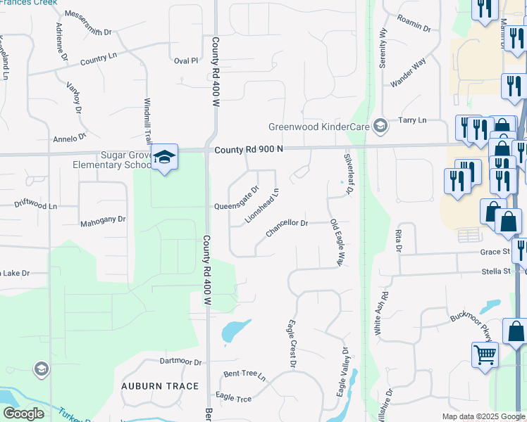 map of restaurants, bars, coffee shops, grocery stores, and more near 899 Lions Head Lane in Greenwood