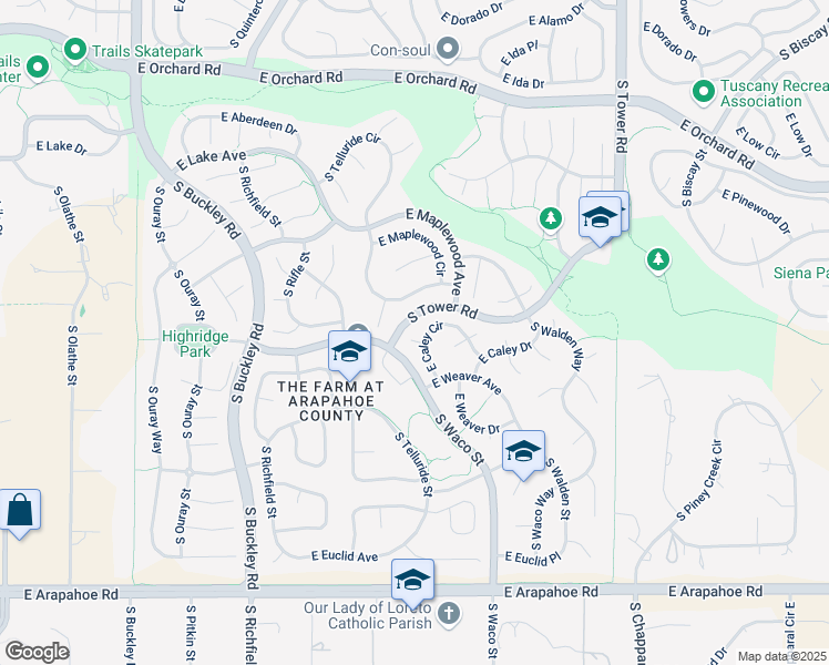 map of restaurants, bars, coffee shops, grocery stores, and more near 18129 East Caley Circle in Aurora