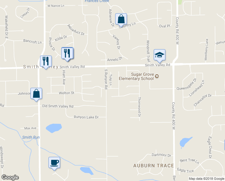 map of restaurants, bars, coffee shops, grocery stores, and more near 4445 Driftwood Lane in Greenwood