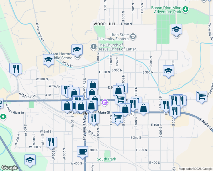 map of restaurants, bars, coffee shops, grocery stores, and more near 157 East 200 North in Price